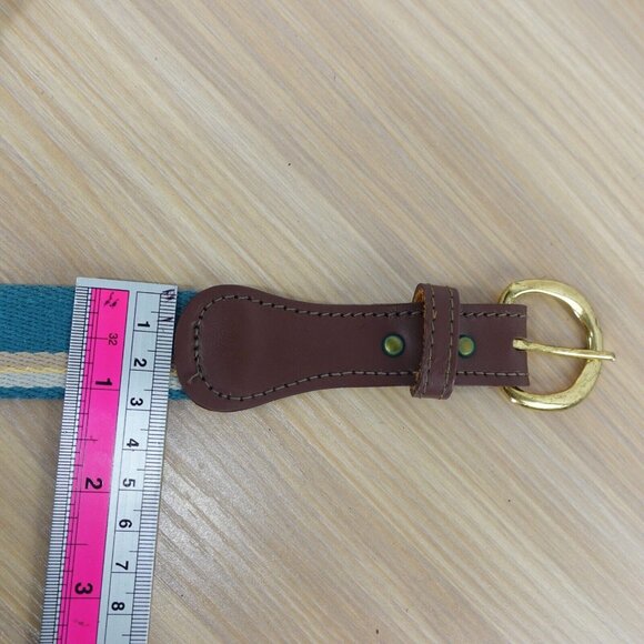 VINTAGE Belt Womens Medium Blue Cotton Canvas Striped Genuine Leather Y2K 90s - Picture 7 of 9